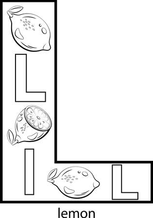 Ð¡hildren's alphabet coloring book with fruits and vegetables. Black and white images of fruits for coloring.のイラスト素材