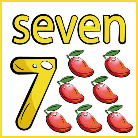 seven mangoes, color card, the child learns math, counts the number of fruits, the concept of education, educational materialのイラスト素材