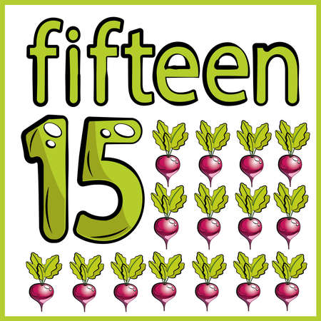 fifteen radishes, color card, child learns math, counts the number of vegetables, the concept of education, educational materialのイラスト素材