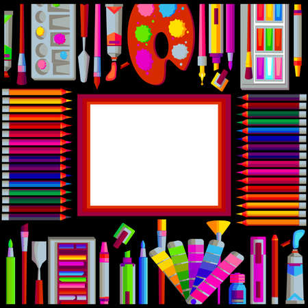 objects for drawing on a black background and a picture frameのイラスト素材