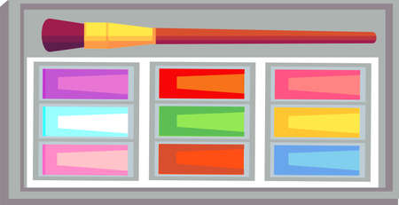 Top view of watercolor paints in box with paint brush isolated on white background. Colorful watercolor palette.のイラスト素材