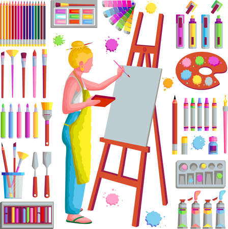 The girl is an artist. Bright stationery set for a schoolboy, on a white backgroundの写真素材
