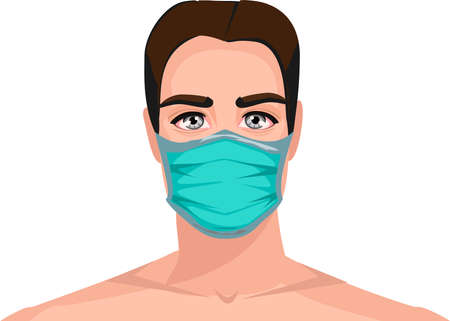 A man's face in a protective mask. Color illustration on a white background.のイラスト素材