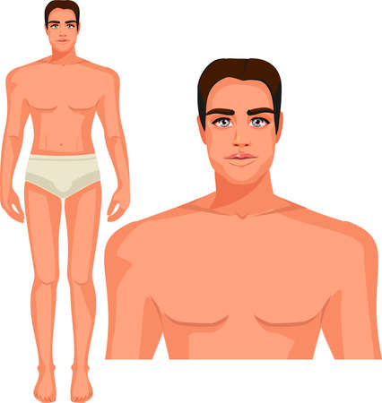 A full-length man and a portrait of a man's face. A dark-haired man in his underwear. On a white background.のイラスト素材