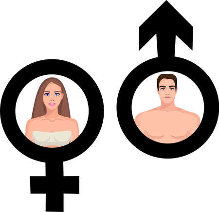 Male and female portrait in male and female symbol. Black silhouette of the symbol on a white background.のイラスト素材