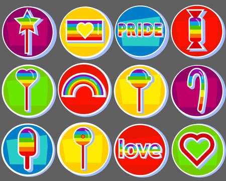 Colorful round LGBT + pride stickers associated with LGBT + symbols. Love, rainbow, flags rainbow lollipops. Bright colored stickers. On a dark background. Stickersのイラスト素材