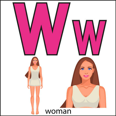 A full-length woman and a portrait. the letter w. Children's alphabetのイラスト素材