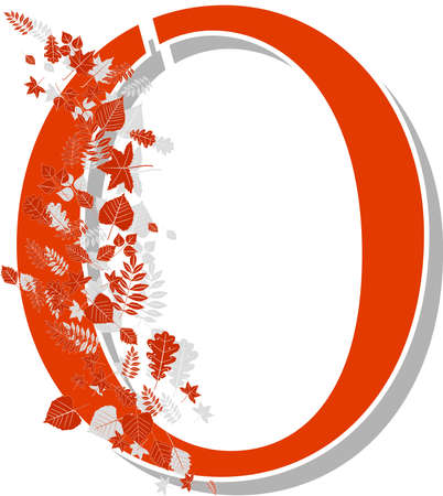 Autumn alphabet. The letter O, orange with shadows and beautiful autumn leaves in the wind. Illustration on a white background.のイラスト素材