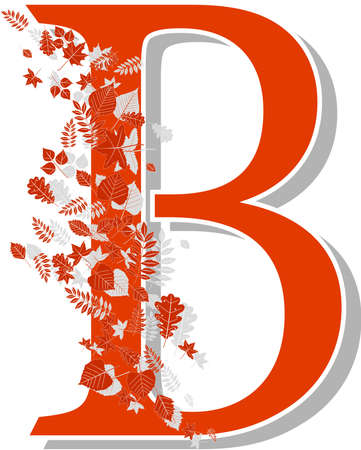 Autumn alphabet. The letter B, orange with shadows and beautiful autumn leaves in the wind. Illustration on a white background.のイラスト素材