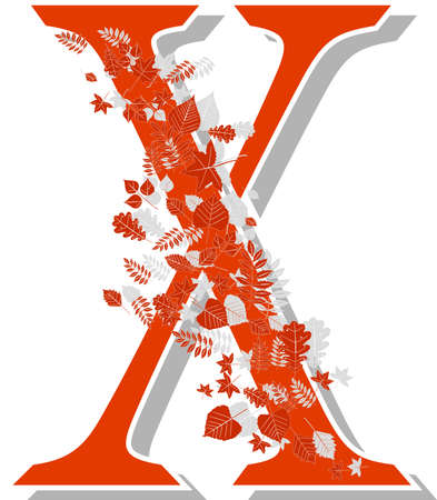 Autumn alphabet. The letter X, orange with shadows and beautiful autumn leaves in the wind. Illustration on a white background.のイラスト素材