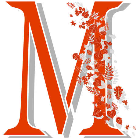 Autumn alphabet. The letter M, orange with shadows and beautiful autumn leaves in the wind. Illustration on a white background.のイラスト素材