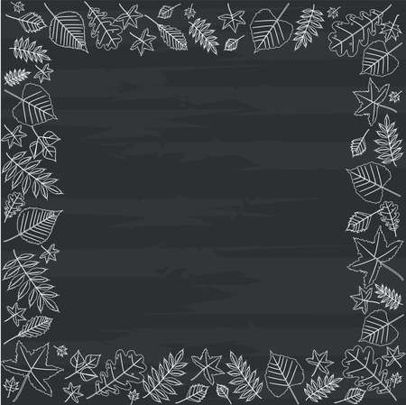 Autumn leaves are drawn in chalk on the school blackboard. The image is a white outline on a dark background.のイラスト素材