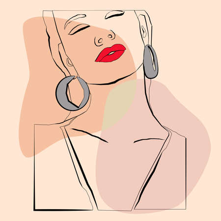 A poster with a minimal female face. The woman has her eyes closed and large earrings and red lipstick on her lips. The style of drawing with a single line.のイラスト素材