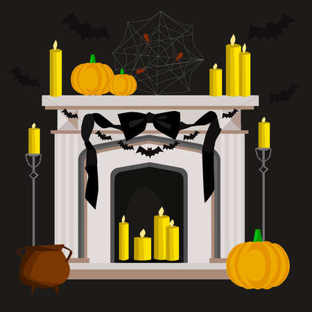 Halloween home decoration, fireplace, candles, pumpkins, cobwebs. Creepy night party by hand vector invitation, greeting card. Silhouettes of bats. Burning candles. Illustration on a black background.のイラスト素材