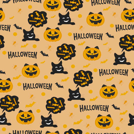 The Halloween holiday. Cat and pumpkin on a seamless pattern. A black silhouette of a cat with a cloud of thoughts about sweets.のイラスト素材