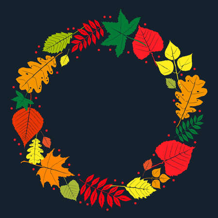 Autumn. An autumn wreath, bright multicolored leaves are arranged in a circle on a dark background, you can place a text in the center. A set of different leaves made in the same style.のイラスト素材