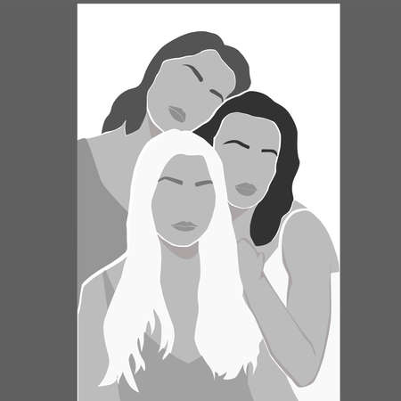 Three beautiful women with different hair colors together. The girls are located side by side. Sisterhood and female friendship. Vector illustration for the International Womens Day. Minimalismのイラスト素材