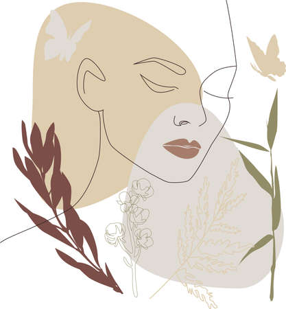 A postcard with a female face, a silhouette, floral elements, a drawing in one line. Vector postcard in a minimalistic style. A solid line. Modern design concept.のイラスト素材