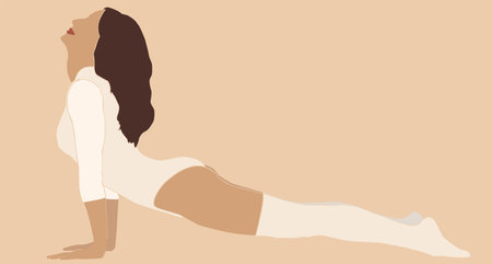 The woman is engaged in fitness, aerobics and physical exercises. Cobra / Bhujangasana yoga poses. A young woman, in a sports uniform, practicing yoga, (physical exercises).のイラスト素材