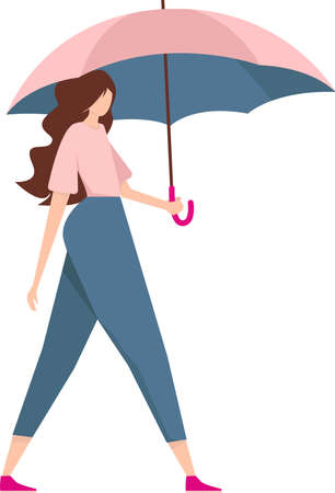 Weather forecast, rainy season, a young girl with a pink umbrella in her hands on a walk. Illustration of a character in different situations on a white background.のイラスト素材