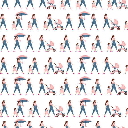 A pattern with walking characters. A flat vector illustration of a woman's life cycle from youth to the formation of motherhood. A series of characters in different poses and situations.のイラスト素材