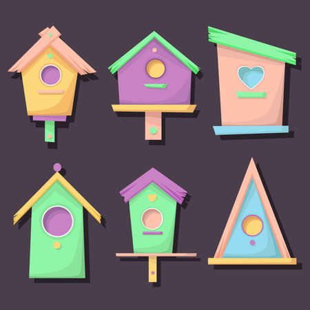 Birdhouse, bird feeder of various shapes. A set of icons.のイラスト素材
