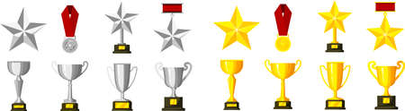 Collection of gold and silver medals, cups and badges vector flat illustration.のイラスト素材