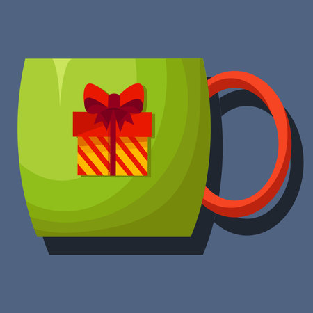 Christmas mugs. Cute green mug, on a gray background, with a Christmas decoration.のイラスト素材