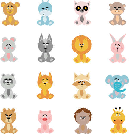 A large set of funny stuffed animals in a cartoon style.のイラスト素材