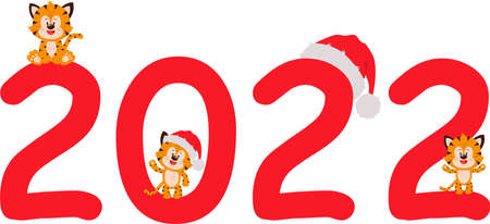 Three tigers in red caps on the numbers 2022.のイラスト素材