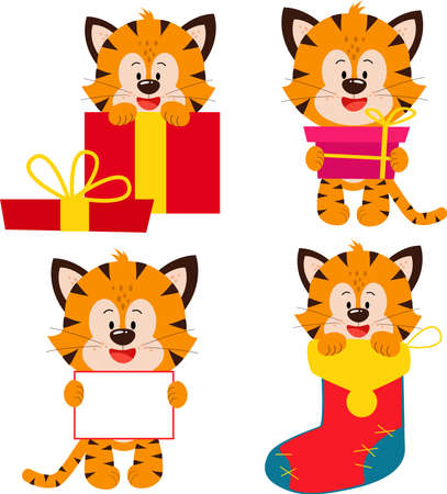 Four tiger cubs. A Christmas card. The year is 2022.のイラスト素材