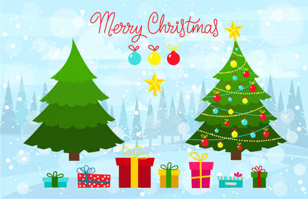 In the winter forest there are Christmas trees with gifts and decorations.のイラスト素材