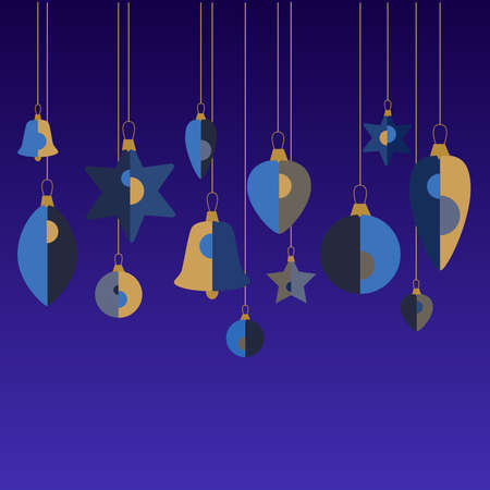 Christmas decorations and toys on threads. Christmas card. Template for Christmas cards, banners, headlines, posters.のイラスト素材