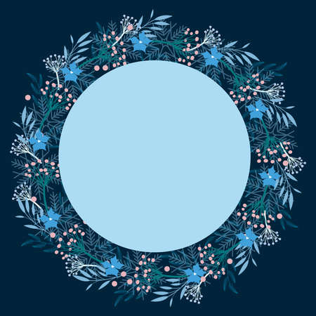A New year card, with leaves and flowers in blue tones.のイラスト素材