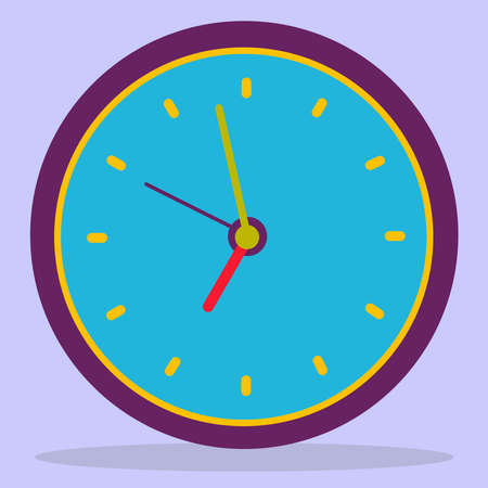 Purple clock icon, round timer on a blue background with a yellow dial.のイラスト素材