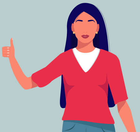 The girl gives a thumbs up and smiles. Flat vector illustration of a girl. All right.のイラスト素材