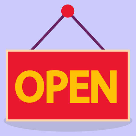 A sign with the inscription open. Wooden signboard. The image is made in a flat style. Vector illustration. A series of business icons.のイラスト素材