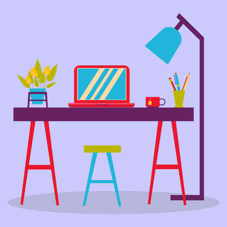 The composition of the room. Home office. A table with a lamp, a laptop and a flower. The image is made in a flat style. Vector illustration. A series of business icons.のイラスト素材