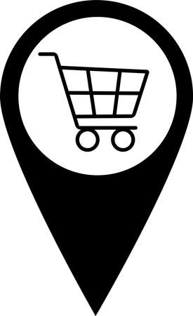 The flat symbol of the supermarket location. Geolocation point, black silhouette. Grocery store nearby.のイラスト素材