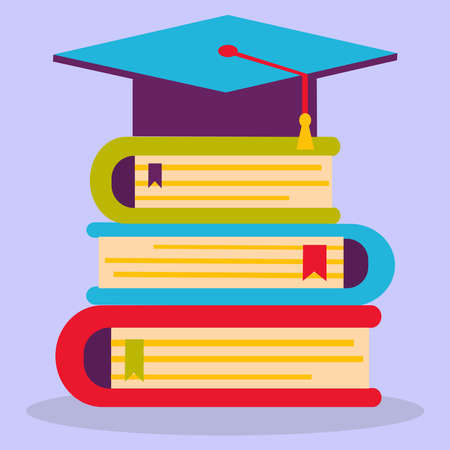 A student hat with a tassel, a stack of books, folders. Education, students, dissertation, training. Vector flat illustration.のイラスト素材