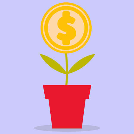 Sprouts of a money tree with a gold coin on top in a pot.のイラスト素材