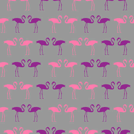 Seamless pattern with silhouettes of pink flamingos on a gray background.のイラスト素材