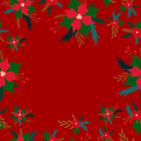 Christmas winter flowers. Seamless pattern on a red background.のイラスト素材