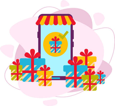 Illustration of a mobile online store. Buying gifts for the holiday.のイラスト素材