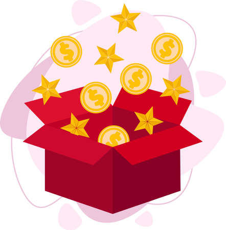 Unpacking a surprise gift box, stars and coins fly out of the box.のイラスト素材