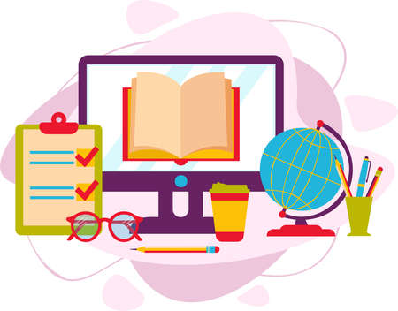 Online education. An open book in a computer monitor. On the table there is a globe, glasses, a glass of coffee.のイラスト素材