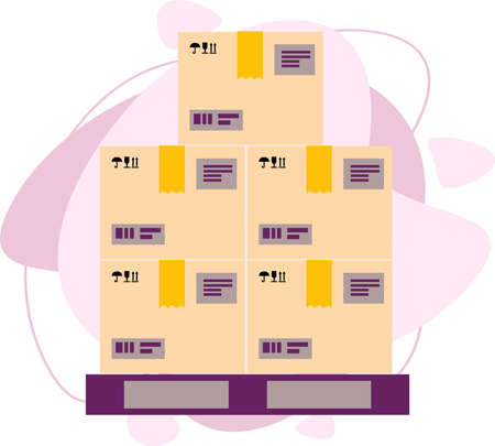 Boxes on a wooden pallet. Wooden pallet with cardboard box in stock. Warehouse of cardboard boxes for parcels.のイラスト素材