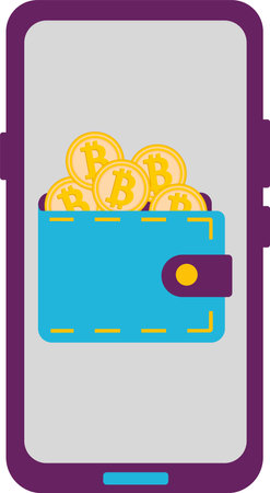 Wallet with bitcoin gold coins, on the phone screen. A vector associated with cryptocurrency. Flat vector illustration on a white background.のイラスト素材