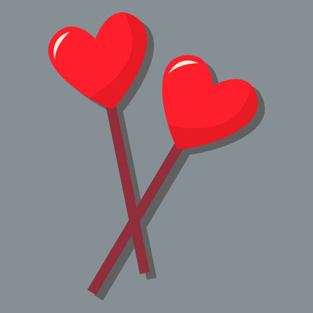 Two hearts on a stick. day of love. valentine's day. A greeting card with a declaration of love. A flat vector image on a gray background.のイラスト素材