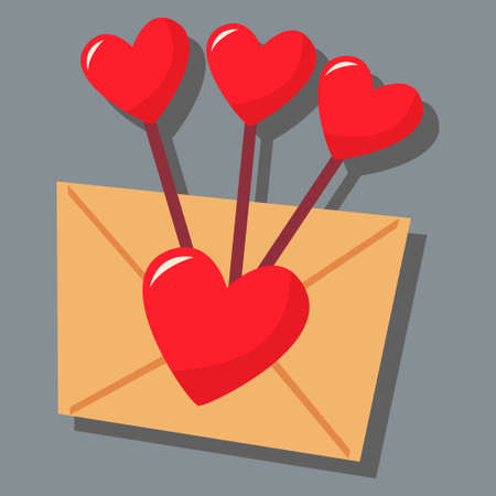 A letter with a heart and caramel on a stick in the shape of hearts. day of love. valentine's day. A greeting card with a declaration of love. A flat vector image on a gray background.のイラスト素材